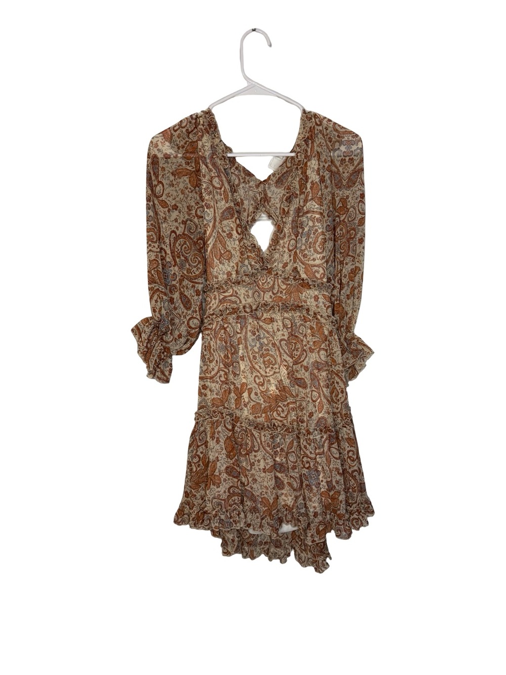 ๐๐ค VENUS Paisley Ruffle Cutout Mini Dress Size 6 Boho Long Sleeve ๐คโจ - Picture 2 of 6